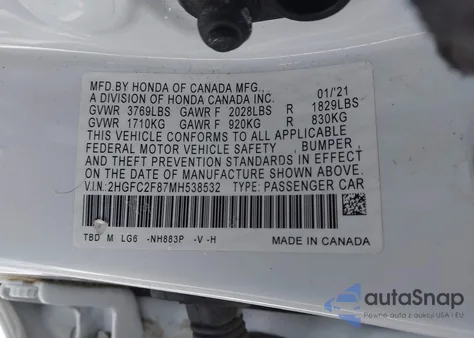 2021 Honda Civic Sport z USA, uszkodzony, nr VIN 2HGFC2F87MH538532